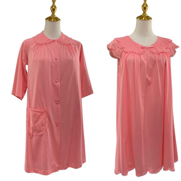 Vintage 60s Shadowline MOD Coral Nylon Lacy Nightgown & Robe Peignoir Set Size P